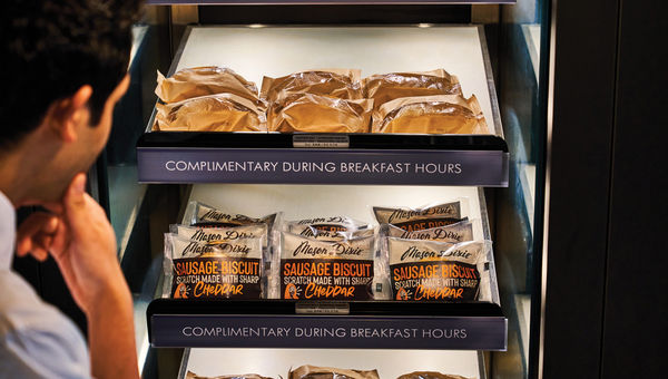 A Marriott-branded hotel’s display showcasing complimentary hot breakfast items from Mason Dixie Foods. A Marriott-branded hotel’s display showcasing complimentary hot breakfast items from Mason Dixie Foods.