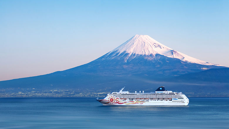 The Norwegian Sun sailing past Mount Fuji in Japan.