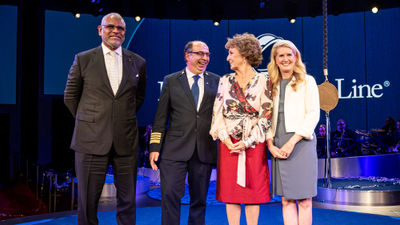 From left, Carnival Corp. CEO Arnold Donald, Capt. Werner Timmers, godmother Princess Margriet and Holland America Group president Jan Swartz at the Rotterdam's naming ceremony.