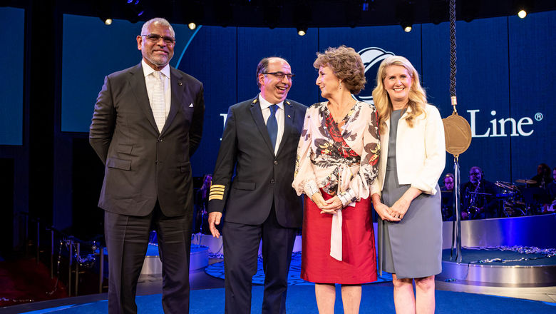From left, Carnival Corp. CEO Arnold Donald, Capt. Werner Timmers, godmother Princess Margriet and Holland America Group president Jan Swartz at the Rotterdam's naming ceremony.