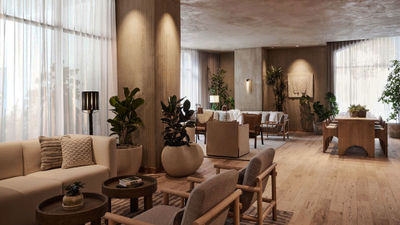 The 1 Hotel San Francisco's lobby has reclaimed wood flooring.