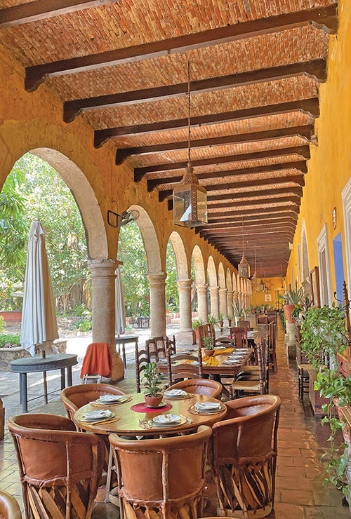 The restaurant at Hacienda El Carmen has views of a leafy courtyard. The restaurant at Hacienda El Carmen has views of a leafy courtyard.