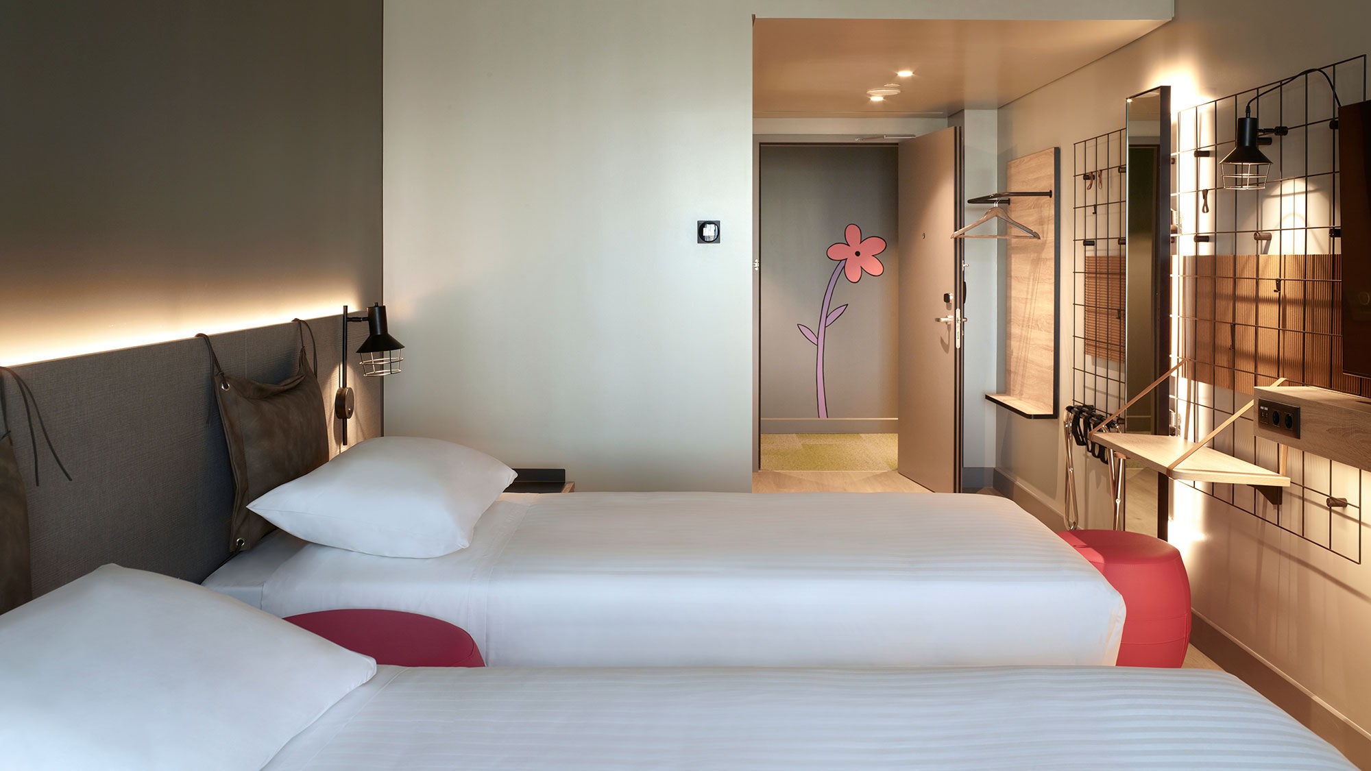 A guestroom at the Moxy Athens City.