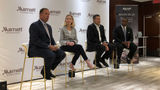 From left, Marriott International CEO Tony Capuano, president Stephanie Linnartz, global development officer for the U.S. and Canada Noah Silverman and chief sales and marketing officer for the U.S. and Canada Julius Robinson at the NYU International Hospitality Industry Investment Conference.