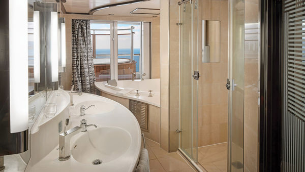 The master bath in one of the Pride of America's Owner's Suites. The master bath in one of the Pride of America's Owner's Suites.