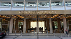 Horizontal view of the Fairmont Century Plaza, a luxury hotel in Los Angeles.