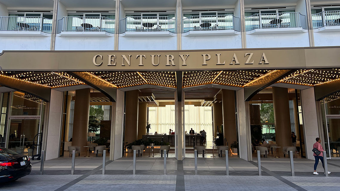 Horizontal view of the Fairmont Century Plaza, a luxury hotel in Los Angeles.