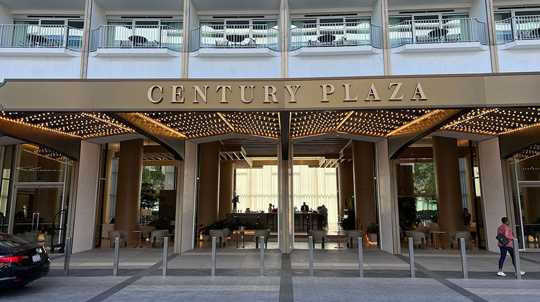 Horizontal view of the Fairmont Century Plaza, a luxury hotel in Los Angeles.