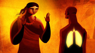 A still from the animated short film "Kapaemahu" shows one of the mahu using healing powers.