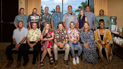 Participants of this year's Hawaii Leadership Forum roundtable, front row, from left: Tom Mullen, COO, Hawaii Visitors and Convention Bureau; Jack Richards, CEO, Pleasant Holidays; Suzy Schreiner, owner, Azure Blue Vacations; Arnie Weissmann, editor in chief, Travel Weekly; Louis de Joux, president and managing director of leisure and group sales, American Airlines Vacations; Melissa Krueger, CEO, Classic Vacations; Nicole Edenedo, senior editor, Travel Weekly. Back row, from left: Sean Dee, executive vice president and chief commercial officer, Outrigger Hotels & Resorts; John Van den Heuvel, president, Gogo Vacations; Dale Carstensen, market director of leisure sales, Marriott International; John De Fries, CEO, Hawaii Tourism Authority; Scott Koepf, senior vice president of strategic development, Cruise Planners; Kama Winters, president, Delta Vacations; Ray Snisky, group president, Apple Leisure Group; Stephen Scott, CEO and founder, Travel Hub 365 and Odyssey Travel.