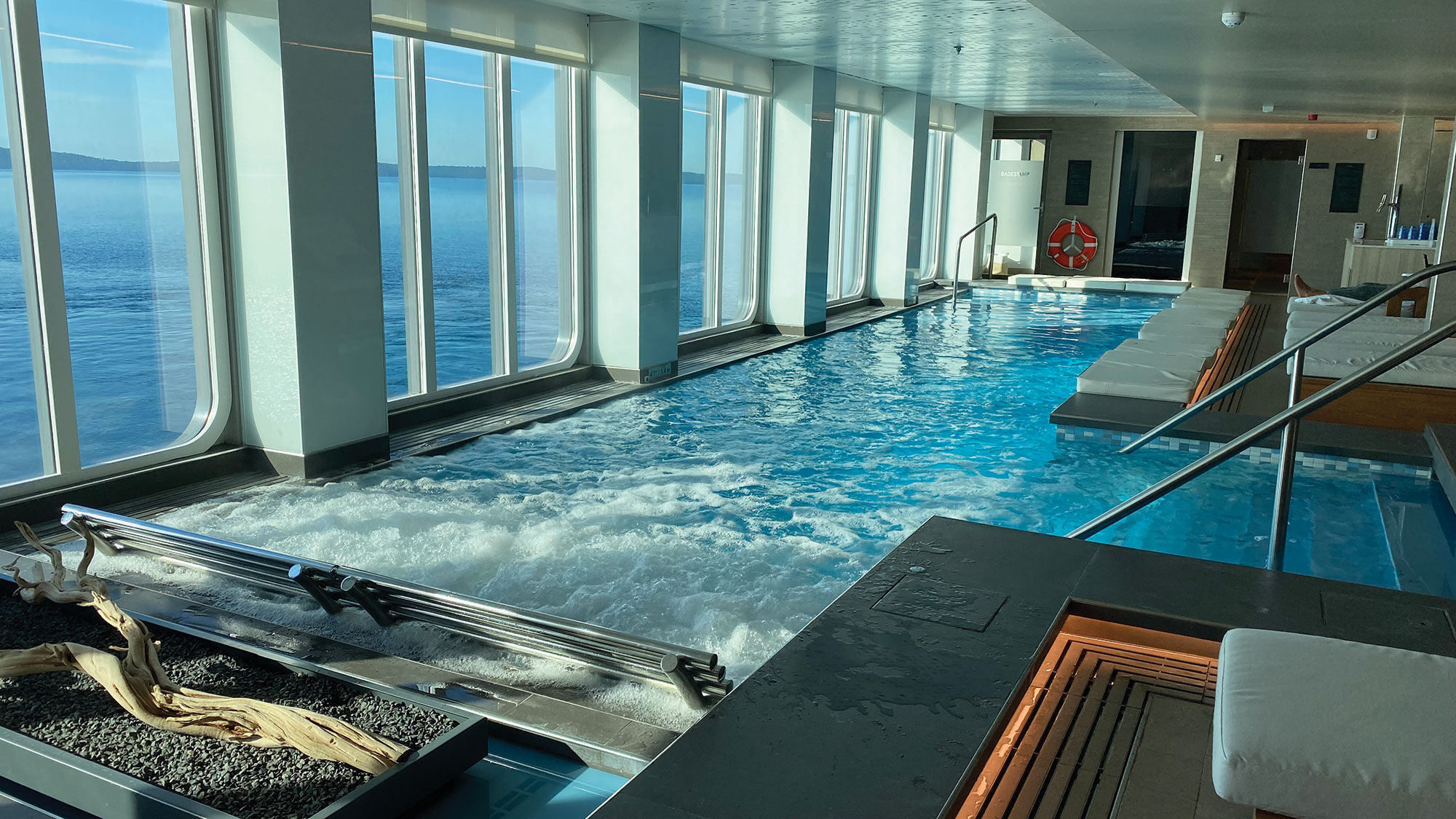 The mineral pool and spa area on the Viking Octantis offers a view.