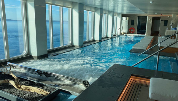 The mineral pool and spa area on the Viking Octantis offers a view.