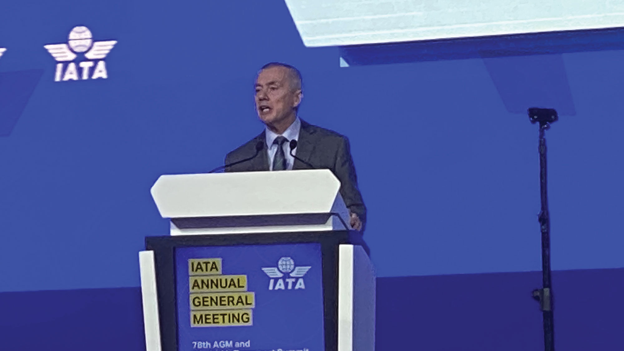 IATA director general Willie Walsh addresses the organization's general assembly in Doha on Monday morning.