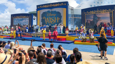 Characters, dancers and singers performed at the Disney Wish's christening.