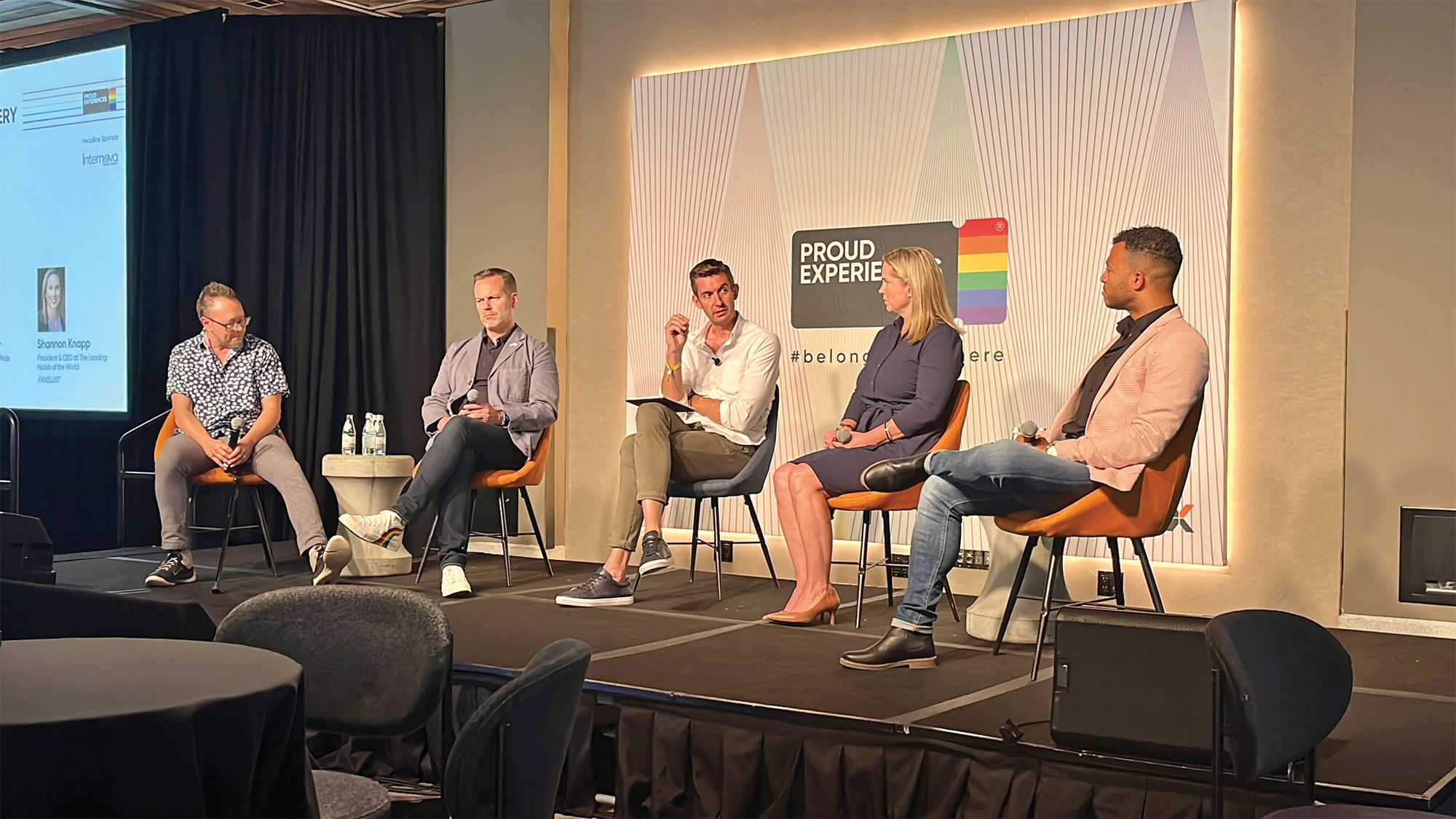 From left, Out Magazine editor in chief Jacob Anderson, NYC & Company CEO Fred Dixon, BBC presenter Ben Thompson, Leading Hotels of the World CEO Shannon Knapp and Manchester Pride CEO Mark Fletcher on a panel at Proud Experiences.