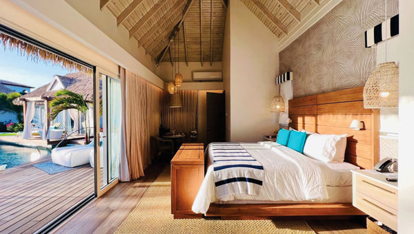 The interior of the new Kurason Island poolside butler bungalow, one of eight bordering a heart-shaped pool. The interior of the new Kurason Island poolside butler bungalow, one of eight bordering a heart-shaped pool.
