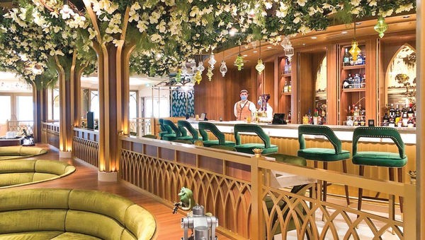 The New Orleans-inspired bar The Bayou is topped with a canopy of magnolias and lilies.
