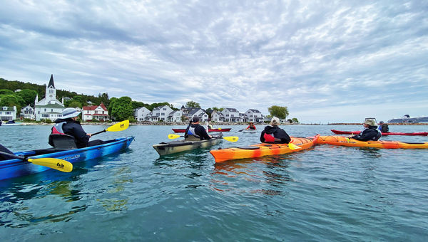 Kayakers take to the water from the Viking Octantis. Kayakers take to the water from the Viking Octantis.