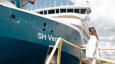 SH Vega godmother Patrizia Zito, the wife of Swan Hellenic CEO Andrea Zito, christened the new ship.