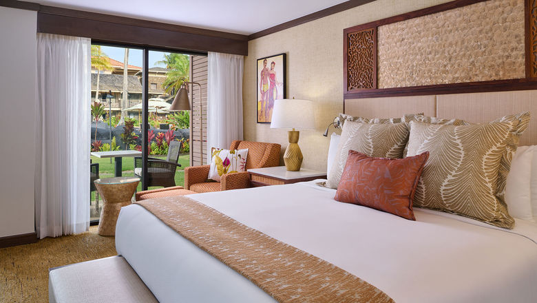 The garden view king room at the Kauai's Koa Kea Resort has been refreshed with a new color scheme inspired by the island's earth tones.