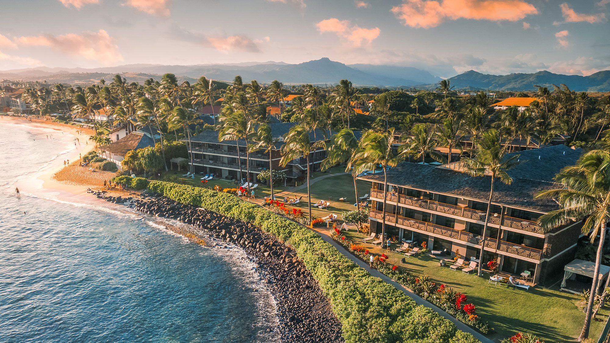 An aerial of Koa Kea Resort on Poipu Beach on the island of Kauai.