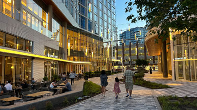 The plaza between the Marriott Bethesda Downtown at Marriott HQ and Marriott International's global headquarters.