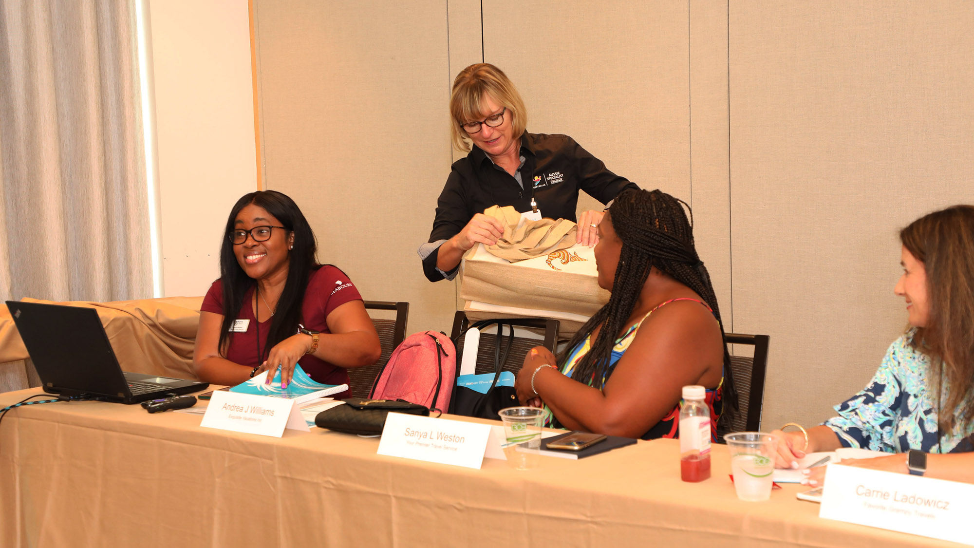 From left, GTM Advisory Board member Andrea J. Williams of Exquisite Vacations; Karen Stotz of Tourism Australia; Sanya L. Weston of Your Premier Travel Service; and Carrie Ladowicz of Favorite Grampy Travels, get ready for their Boardroom presentations.