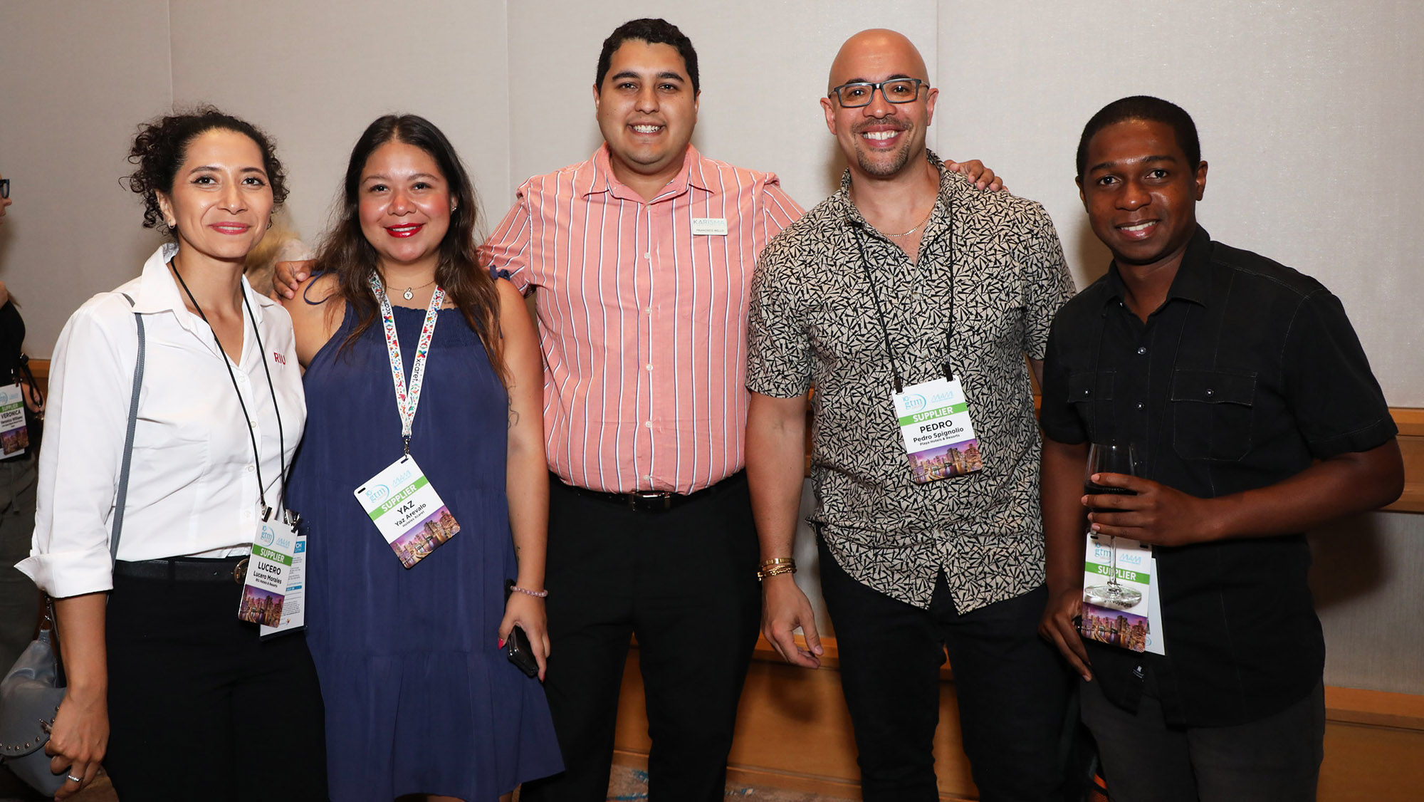 From left, Lucero Morales of RIU Hotels & Resorts; Yaz Arevalo of Hoteles Xcaret; Francisco Bello of Karisma Hotels & Resorts; Pedro Spignolio of Playa Hotels & Resorts; and Ruel Campbell of Virgin Voyages at the supplier-only meet and greet at GTM.