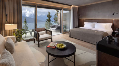 A guestroom at the Six Senses Crans-Montana ski resort in Switzerland.