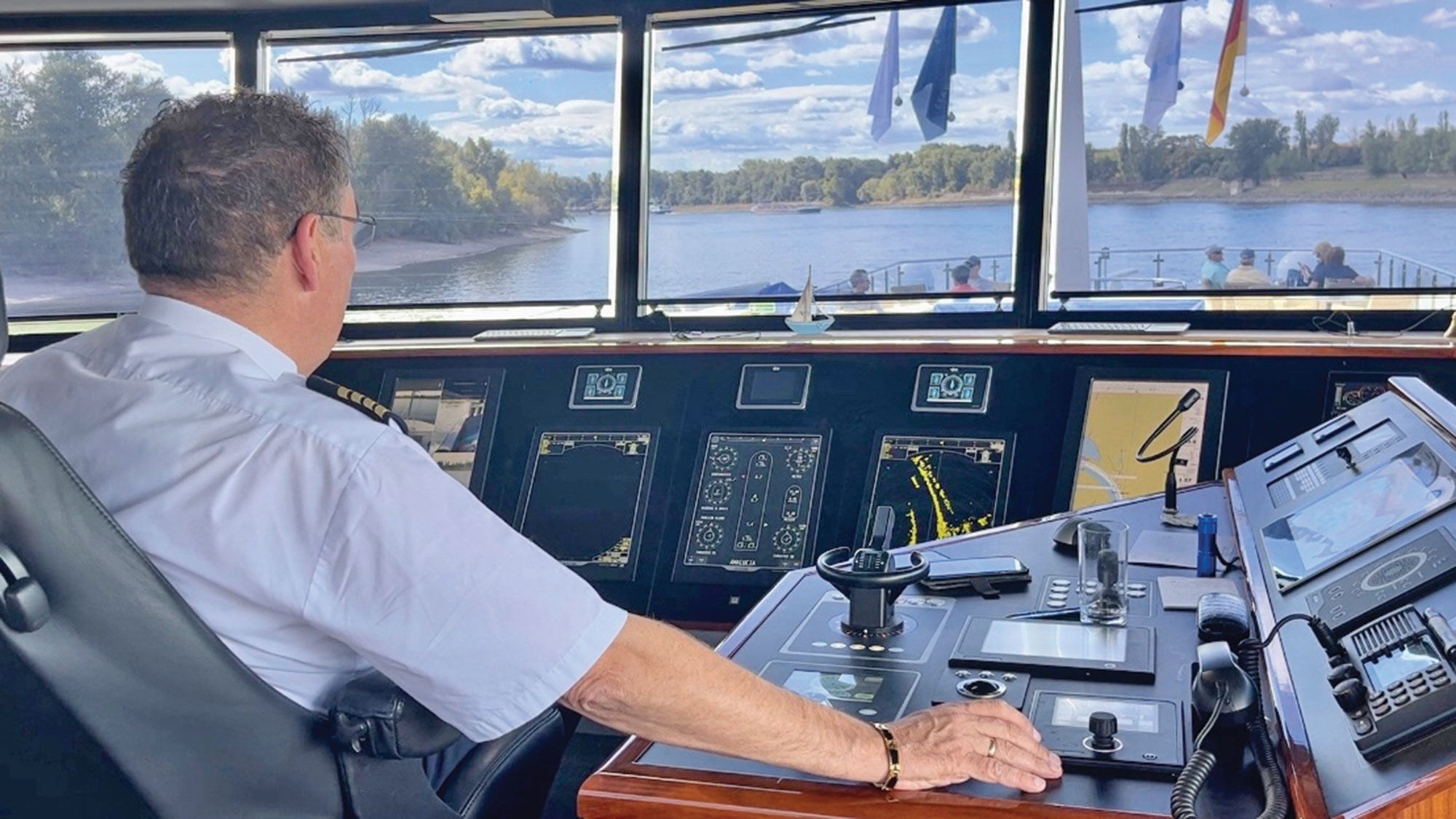 Capt. Arjan Leunis navigates the AmaLucia on the Rhine through Mannheim, Germany.