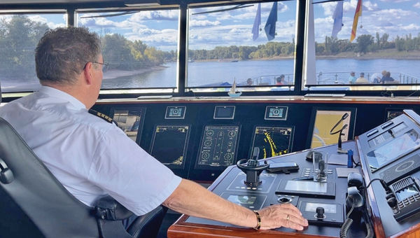 Captain Arjan Leunis navigates the AmaLucia through Mannheim, Germany, on the Rhine River. Captain Arjan Leunis navigates the AmaLucia through Mannheim, Germany, on the Rhine River.