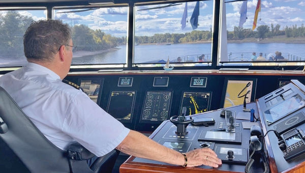 Captain Arjan Leunis Amalusia cruises along the Rhine River in Mannheim, Germany.