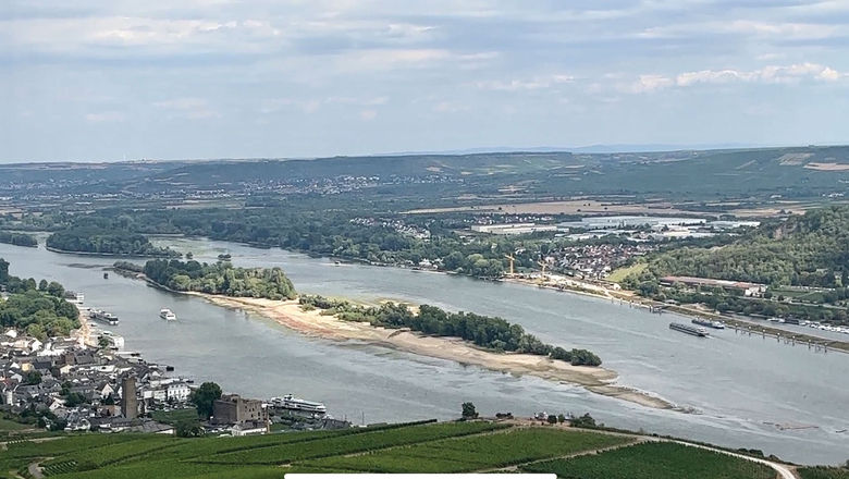 A view of the Rhine River in Rudesheim, Germany, in early August 2022. Water levels are lower than usual this season due to excessive heat and little to no snow and rainfall earlier in the year.