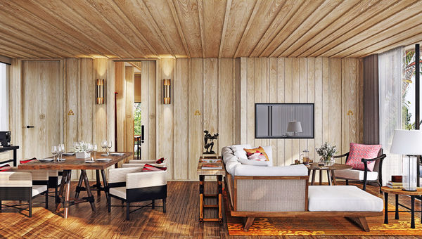 A rendering of a suite villa living area at the resort.