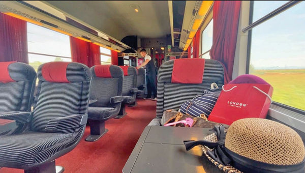 Inside the first-class railcar onboard SNCF's Grand Est TER Alsace line train that travels through France and to Switzerland. Inside the first-class railcar onboard SNCF's Grand Est TER Alsace line train that travels through France and to Switzerland.