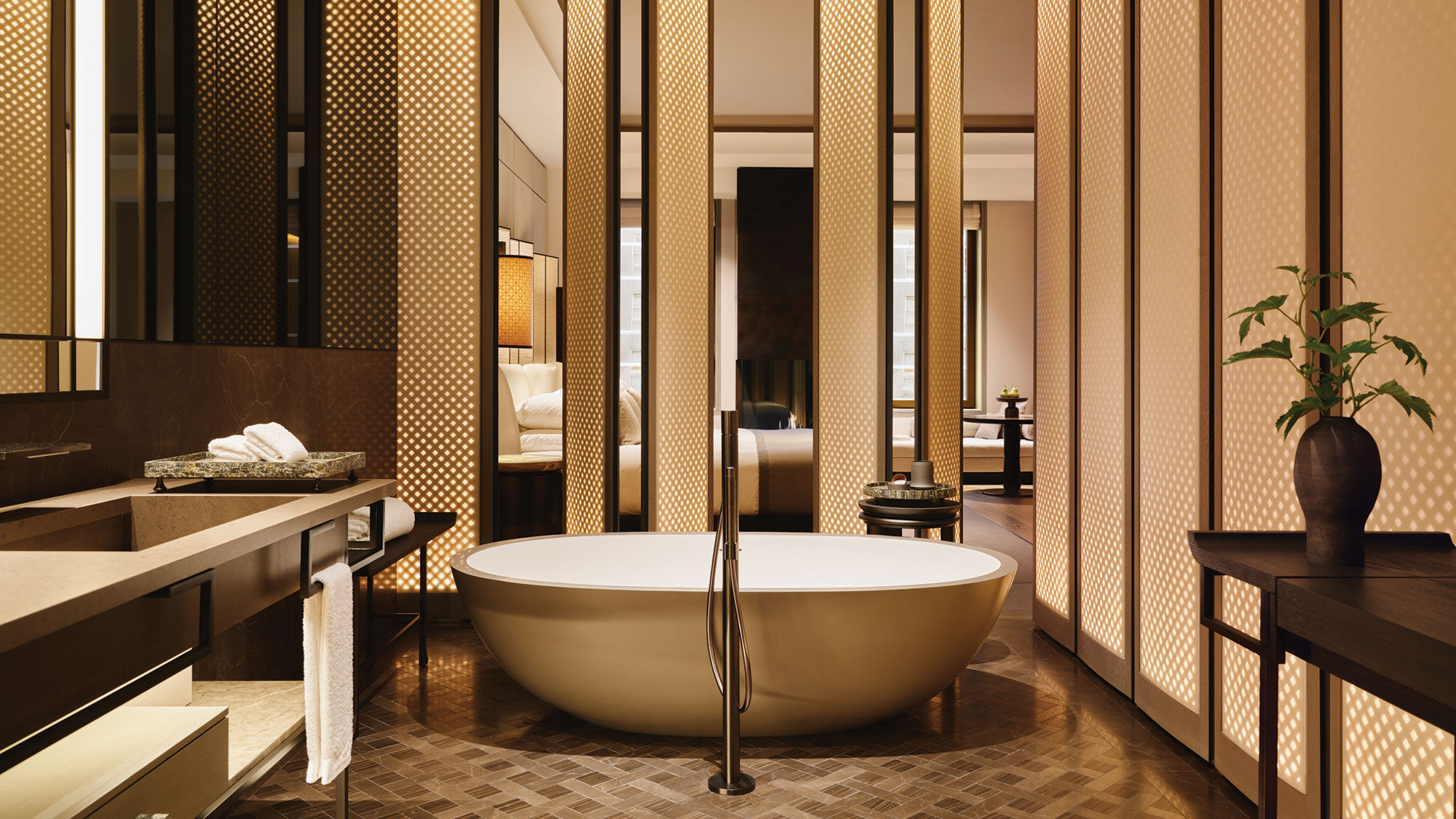 A Fifth Avenue Junior Suite bathroom with soaking tub at the Aman New York. Entry-level room rates start at $3,200 a night.