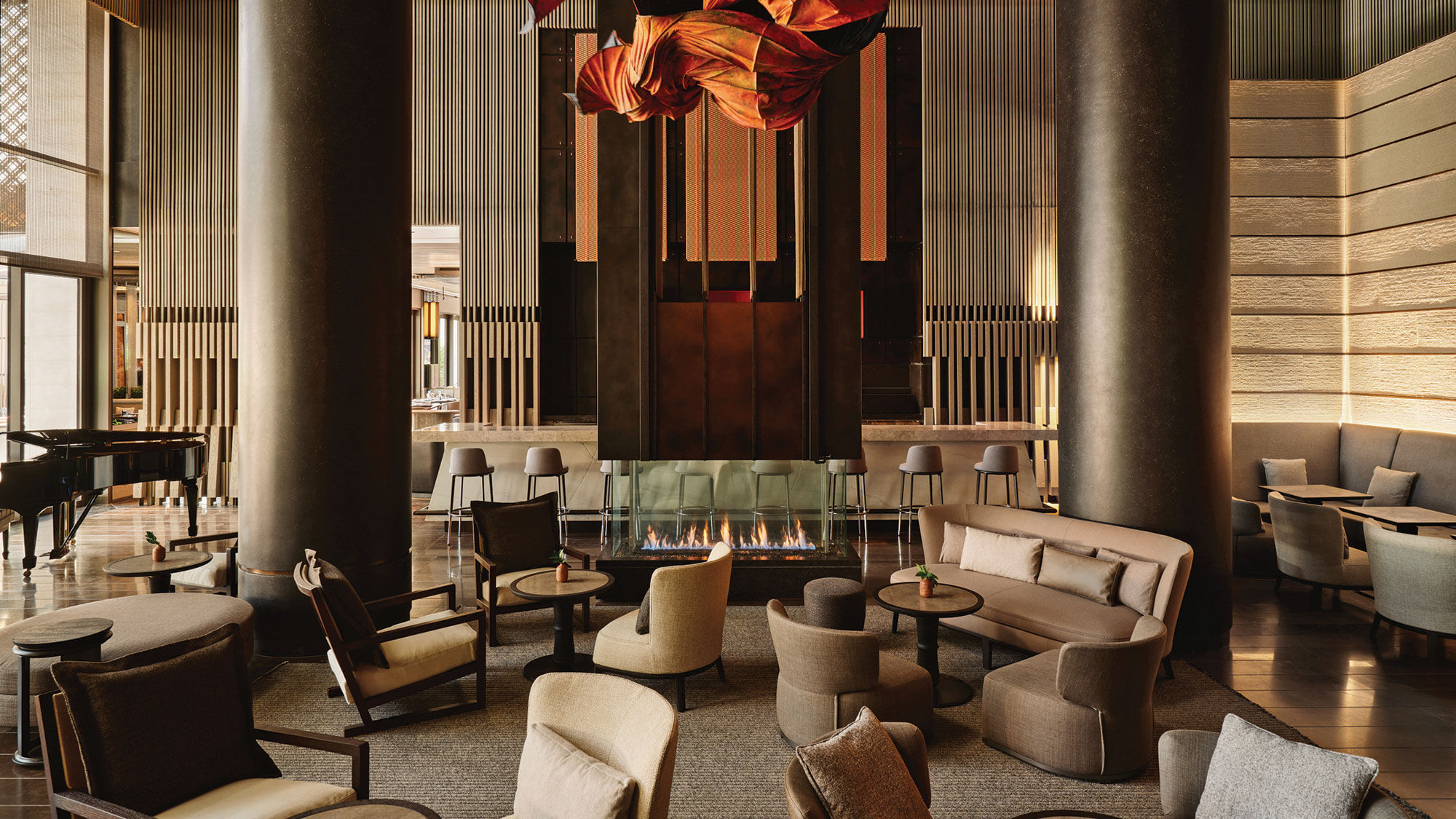 The Lounge Bar at the Aman New York. The hotel opened in the Crown Building on Fifth Avenue and 57th Street in midtown Manhattan.