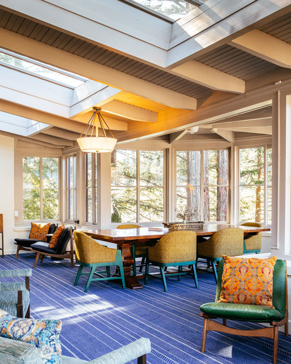 Redwoods surround the Belden House Sun Room, which is open to Stavrand guests and available for small events.