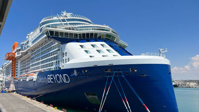 The first view of the Celebrity Beyond after clearing check-in in Civitavecchia, Italy, is of its parabolic ultrabow.