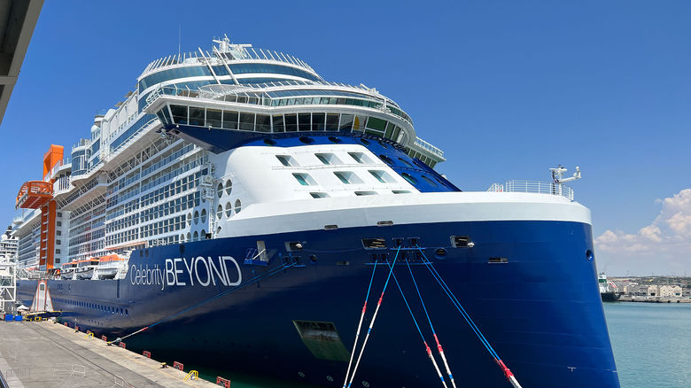 The first view of the Celebrity Beyond after clearing check-in in Civitavecchia, Italy, is of its parabolic ultrabow.