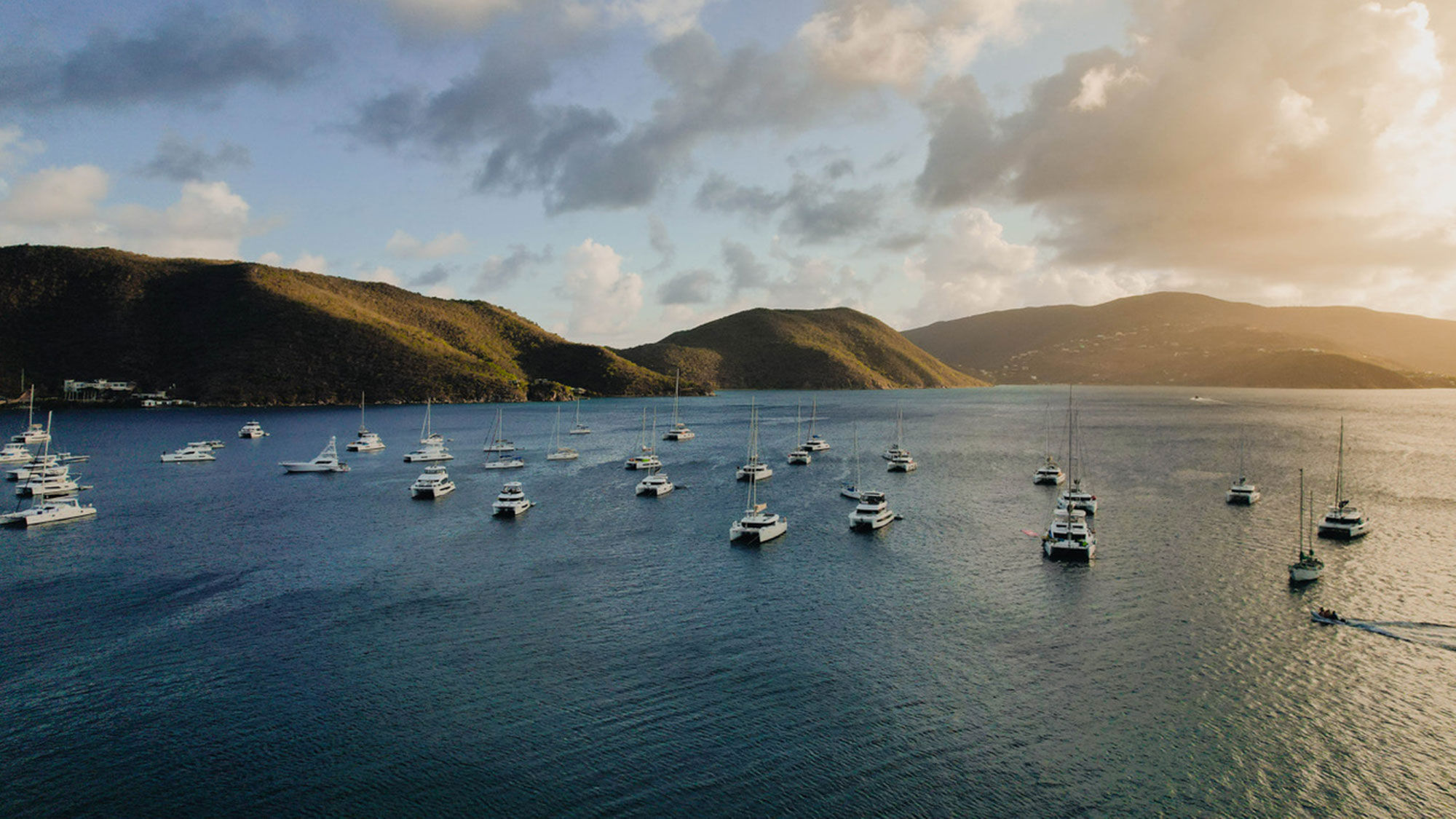 The view from Bitter End of sailboats at anchor in North Sound, Virgin Gorda.