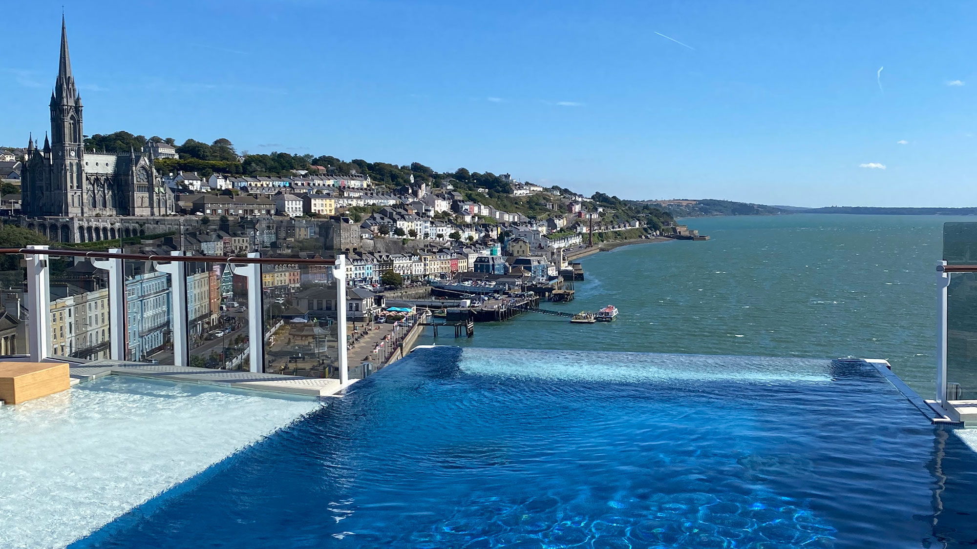 On the Norwegian Prima, The Haven's infinity pool offers a view off the aft of the ship in Cobh, Ireland.