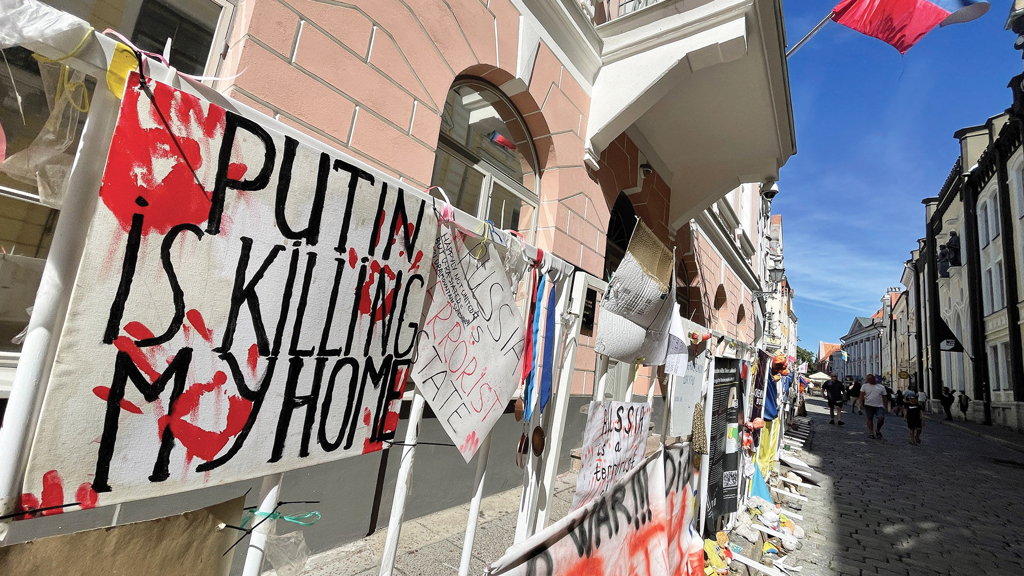 Signs of protest at the Russian Embassy in Tallinn, Estonia, in August.