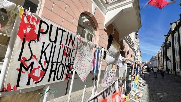 Protest signs at the Russian Embassy in Tallinn, Estonia in August.