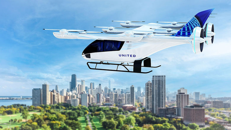 A rendering of a United electric air taxi manufactured by Eve Air Mobility.