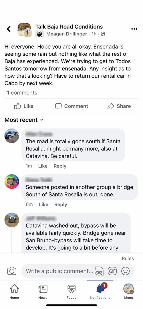 A screenshot of a Facebook road updates message group.