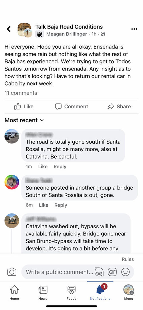 A screenshot of a Facebook road updates message group.