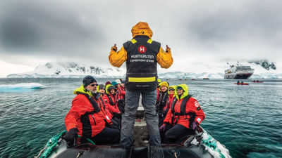Hurtigruten Expedition's Maud sails in Orne Harbour in the Antarctic Penisula. The line is changing its name to HX.