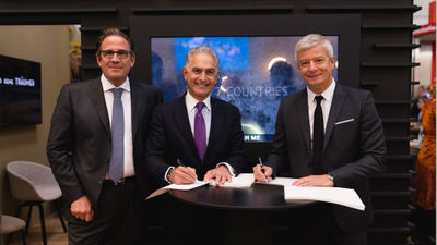 From left, Lindner Hotels chief technical officer Frank Lindner, Hyatt CEO Mark Hoplamazian and Lindner Hotels CEO Arno Schwalie.