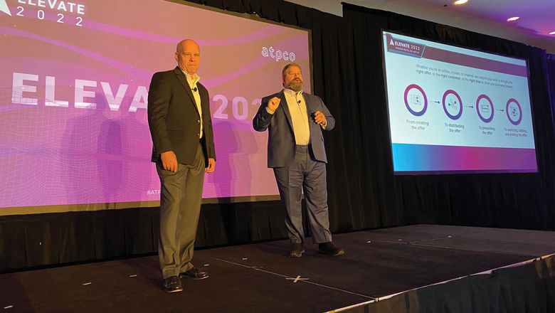 ATPCO CEO Alex Zoghlin, right, and chief strategy officer Tom Gregorson on stage in Arlington, Va.